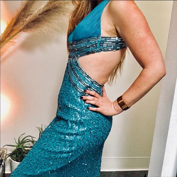 ADRIANNA PAPELL Turquoise Silk Beaded Ball Gown Maxi Floor Length Formal Dress 4 - Picture 3 of 8